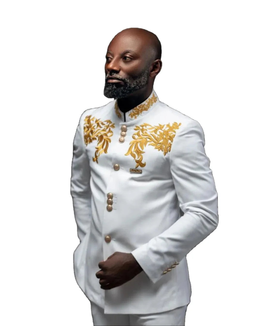 Gold Embroidery Jacket Men Wedding Suits Stand Collar Tuxedos Fashion Groom Wear Prom Party 2 Pcs Blazer With Pants Custom Made