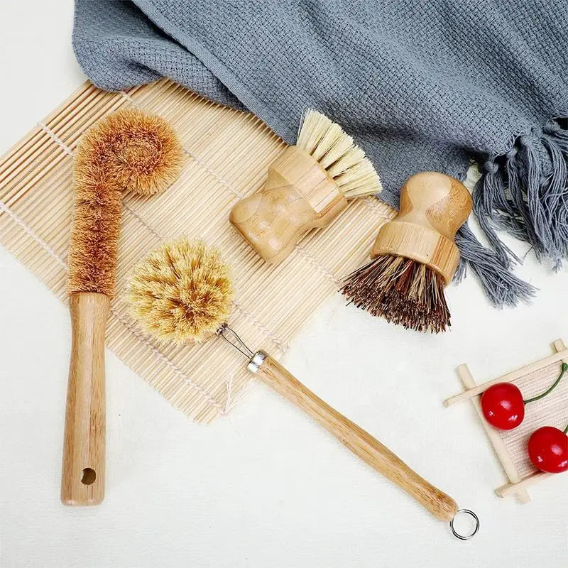 Kitchen Multifunctional Cleaning Brush Fruit and Vegetable Brush Kitchen Bamboo Long Handle Pot Brush Set