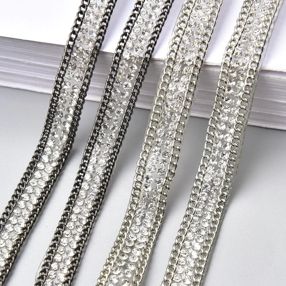 8mm Hot Fix Crystal Trim Long Strip Metal Chain Rhinestone Tape Ribbon for Dress Wedding Clothes Decoration Accessories