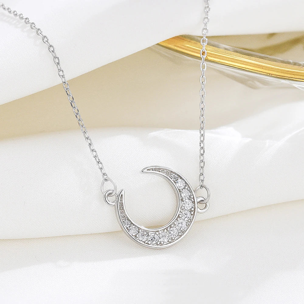 925 Sterling Silver CZ Diamond Crescent Moon Pendant Necklace for Women