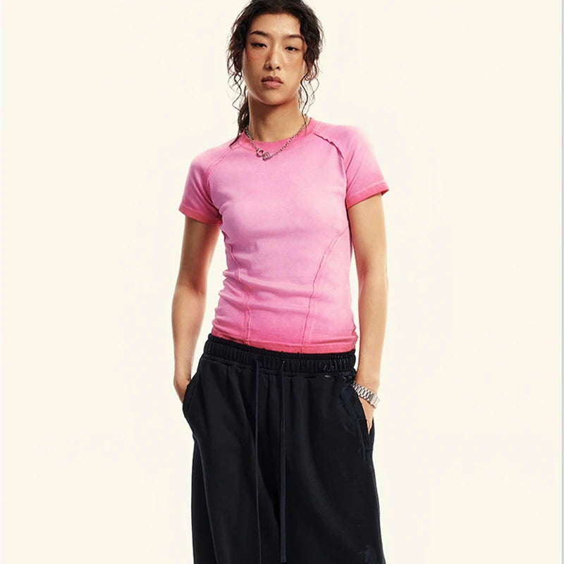 OEM Fashion Women's Clothing Women's Hot Girls Old Washed Gradient Women's Shoulder Short Sleeve T-shirt