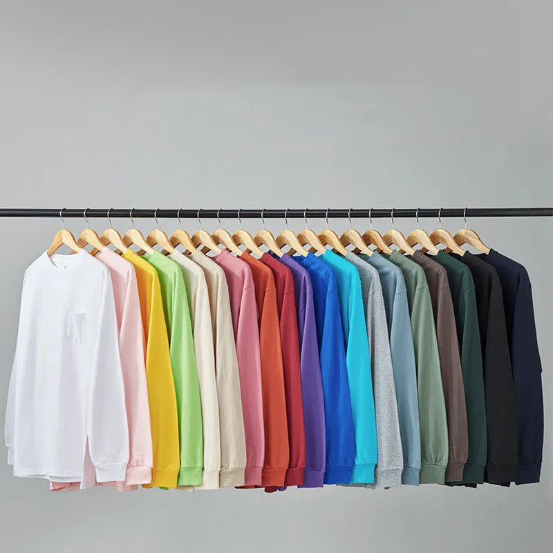 SHINBEN 260GSM Heavyweight Pocket Pure Cotton Long-sleeved Solid Color Casual Top With Threaded Cuffs