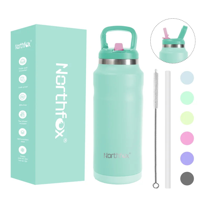 Stainless Steel 1100ml Double Wall Vacuum Insulated Thermal Flask with Removable Straw Handle Lid Leak-Proof for Travel