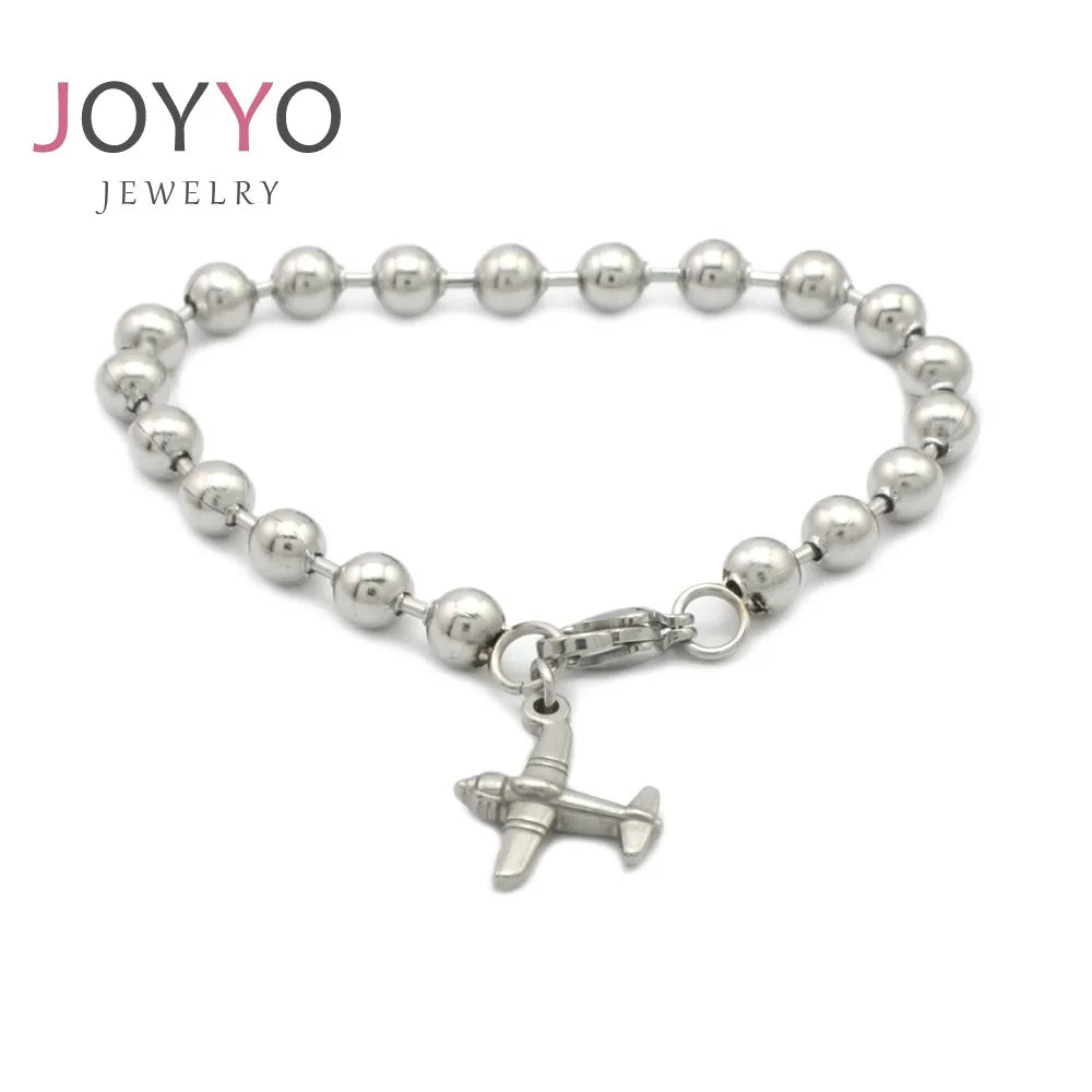 Silver Round Loose Beads Metal Bracelet Stainless Steel Charms Airplane Pendant Wristbands Wholesale Custom Jewelry