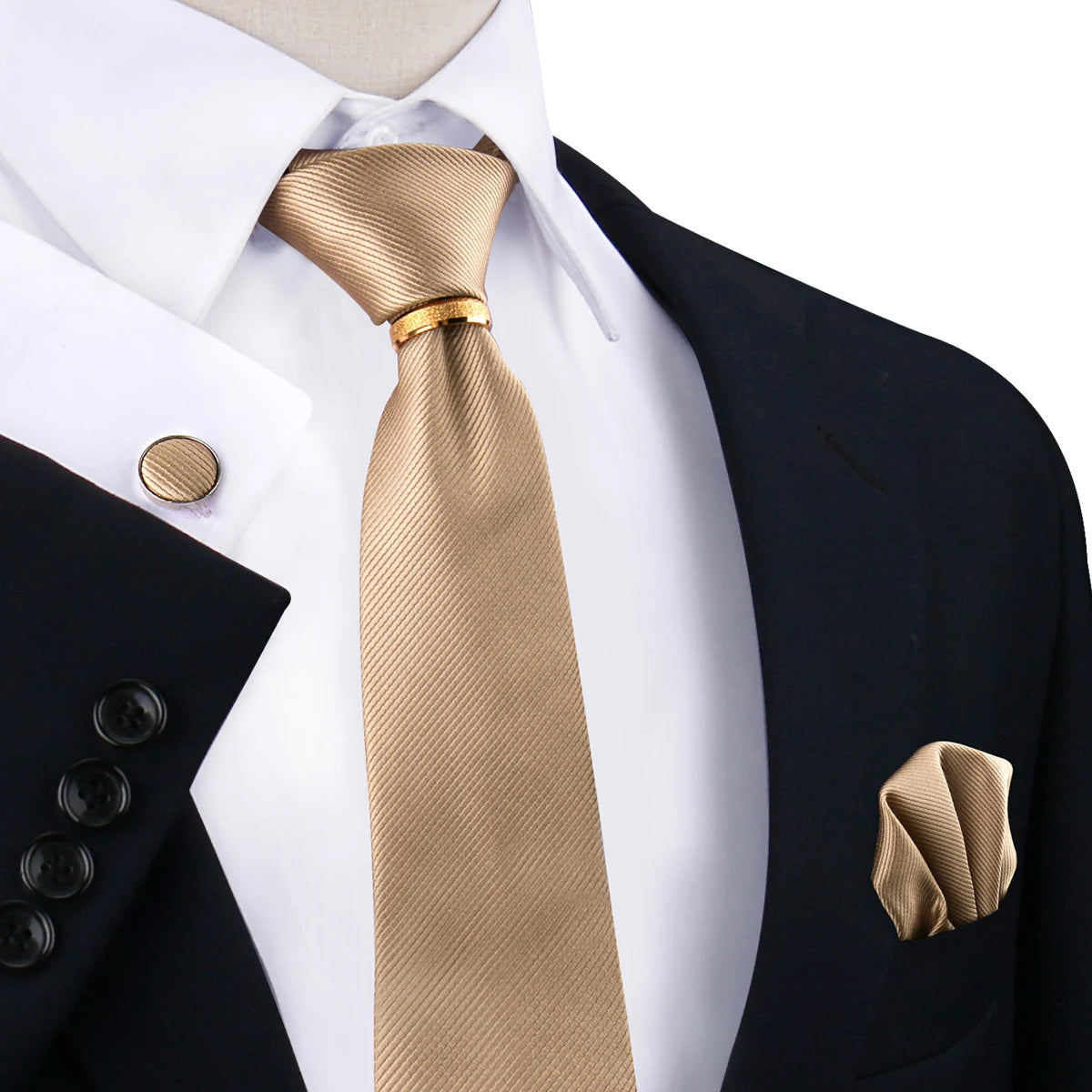 Luxury Solid Champagne Silk Ties and Pocket Square for Men Woven Polyester Necktie Made in China