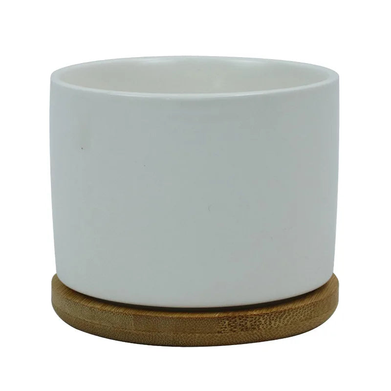 Custom Sublimation Plain Ceramic Flower Pot with Bamboo Base for Flower Plant Use