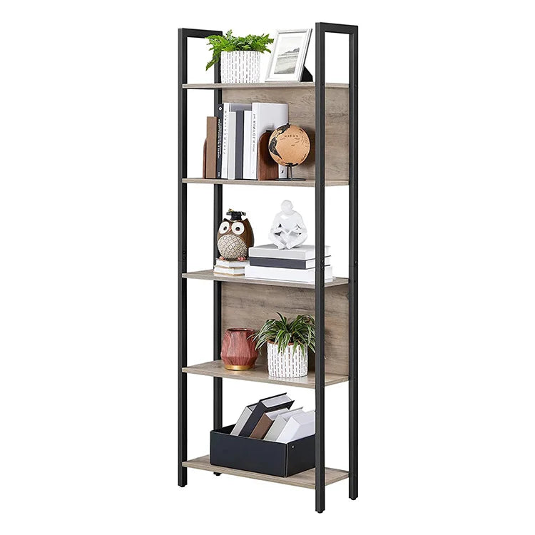 Custom Made Home Living Room Corner Free Standing Steel Frame Wooden Panel Display Shelf 5-tier Storage Rack with Back Panel