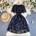 Elegant Casual Midi Dress for Women Empire Sequined Lace Vestidos Black Dress