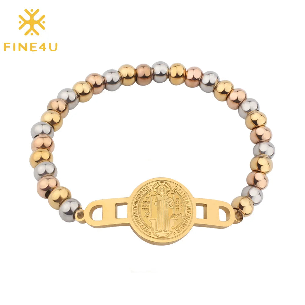 Wholesale Religious Jewelry Gold Plated Stainless Steel Saint St Benedict Medal Rosary Catholic Beaded Bracelet