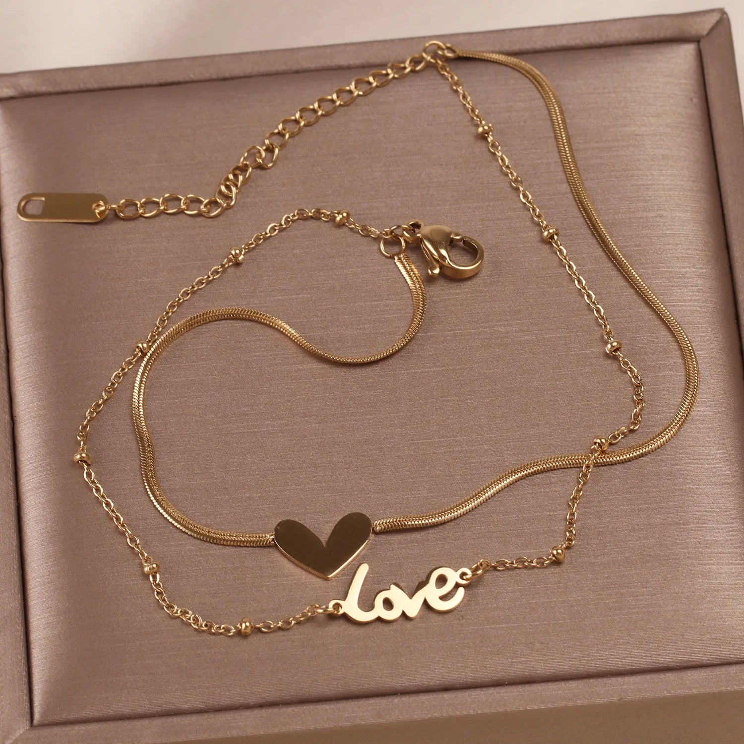 SC Korean 24K Real Gold Snake Chain Necklace Stainless Steel Heart Choker Necklace Multi Layer Love Heart Charm Necklace
