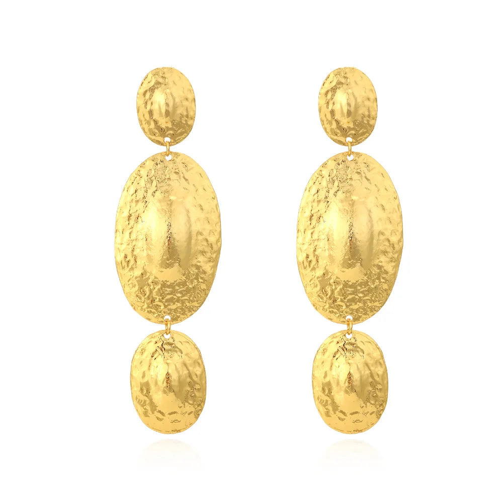 Wholesale Temperament Silver Gold Plated Texture Earrings Exaggerated Long Oval Pendant Earrings for Women Girls