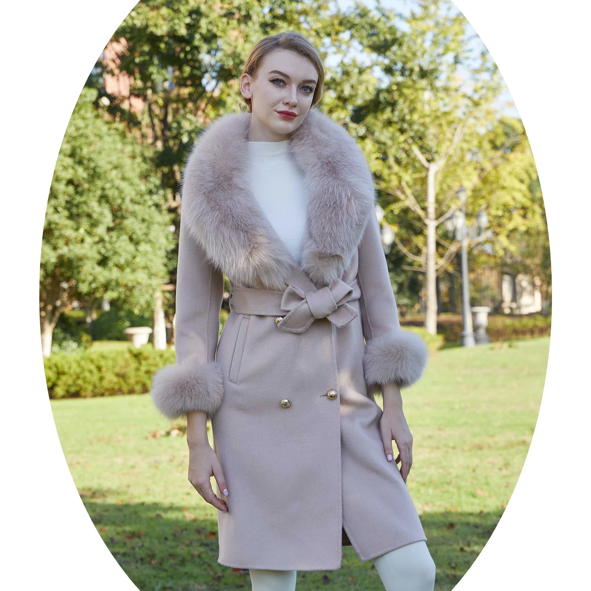 Janefur Elegant Style Big Real Fox Fur Collar Cuffs Women Winter European Long Double Face Cashmere Wool Coat