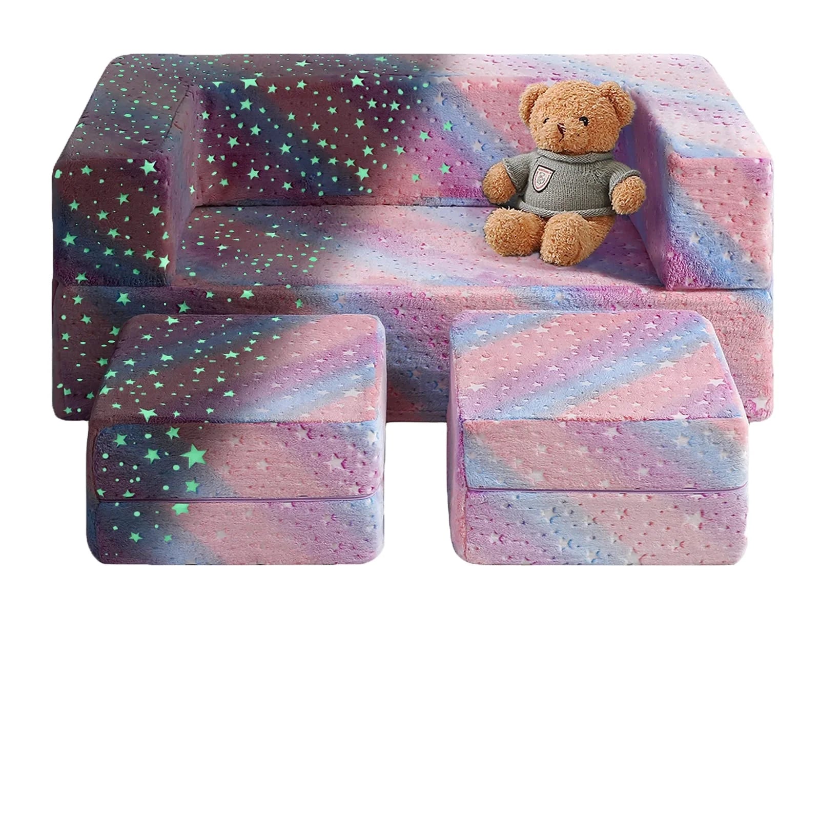 Kingworth 3 in 1 Washable Convertible Plush Fold Out Glow in the Dark Modular Kids Couch KIds Bed Sofa for Livingroom