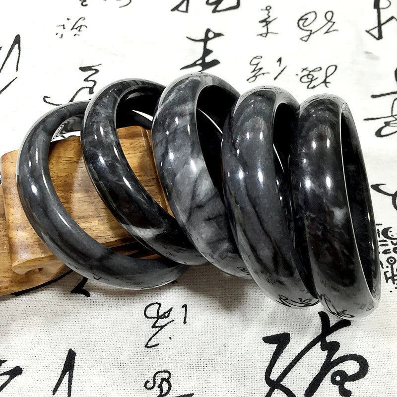 Quartzite Jade Blue and White Hetian Jade Bracelet Black and White Wave Flower Jade Bracelet Blue and White Black Ink Bracelet