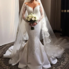 S0240G 2026 Custom Made Lace Mermaid Wedding Gown Bride Vestido De Noiva With Chapel Train Printed Technique Ball Gown Dresses