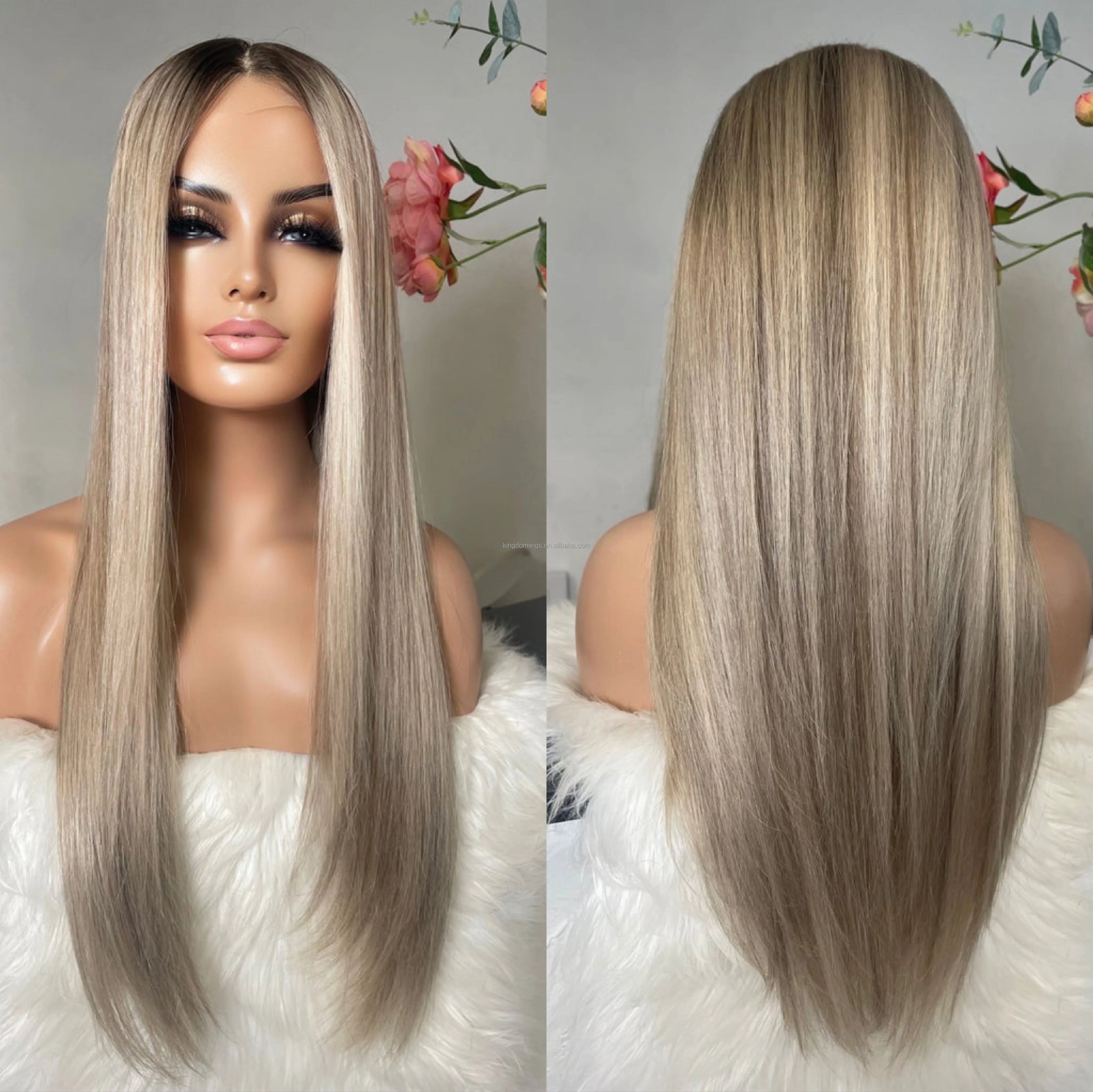 European Virgin Hair Highlight Brown Ash Blonde Color Silky Straight Human Hair Lace Frontal Wigs