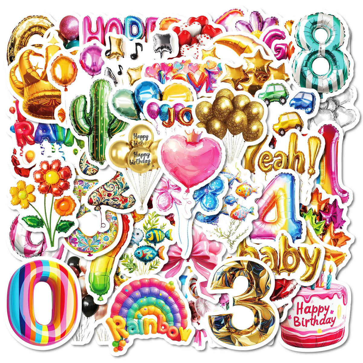 50Pcs 3D Birthday Party Balloons Graffiti Stickers for Wall Table Decor Airballoon Gift Sticker MegaBDM