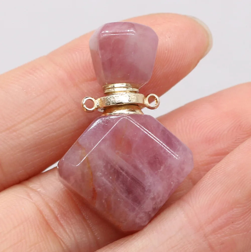 Hongzhuo Essential Oil Diffuser Vial Gemstone Pendant Jewelry Healing Faceted Crystal Madagascar Rose Quartz Perfume Bottle Necklace