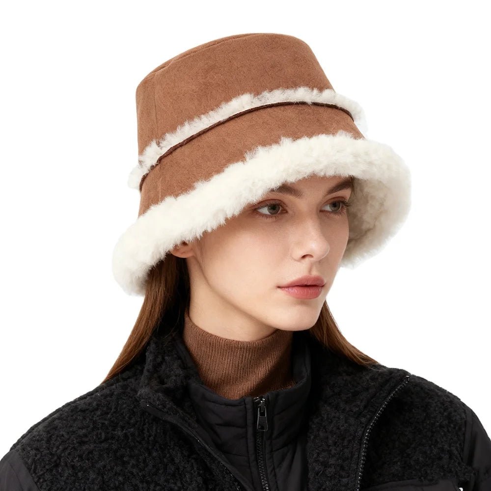 Fuzzy Bucket Hat Winter Plush Faux Fur Suede Reversible Double Side Wear Fluffy Sherpa Bucket Hat for Women