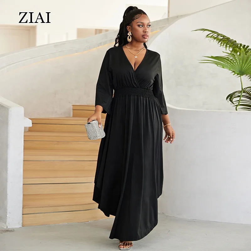 Solid Casual Dress Trumpet Sleeve V-neck Waist Big Swing Skirt New Style
