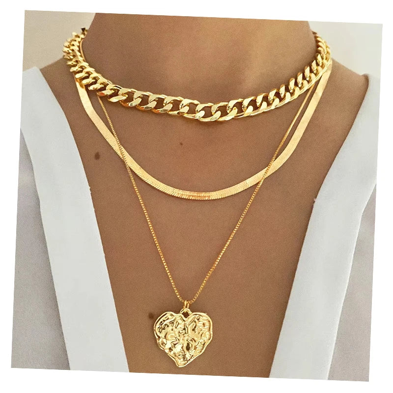 VKME Trend 18K Gold Plated Multi Layer Chain Love Pendant Necklace for Women Jewelry