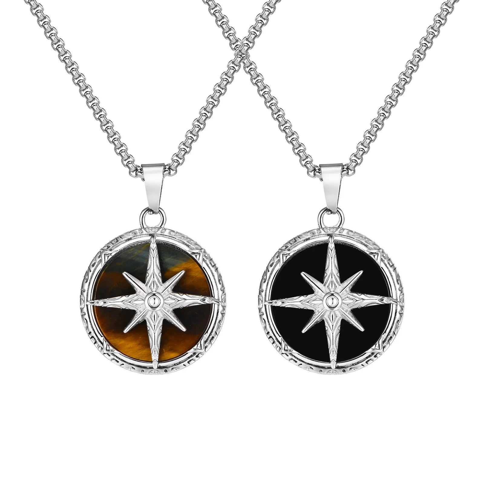 Vnox Hip-hop Punk Men's Jewelry Silver Stainless Steel Full Light Octagons Tiger's Eye / Octagone Onyx Pendant Necklace