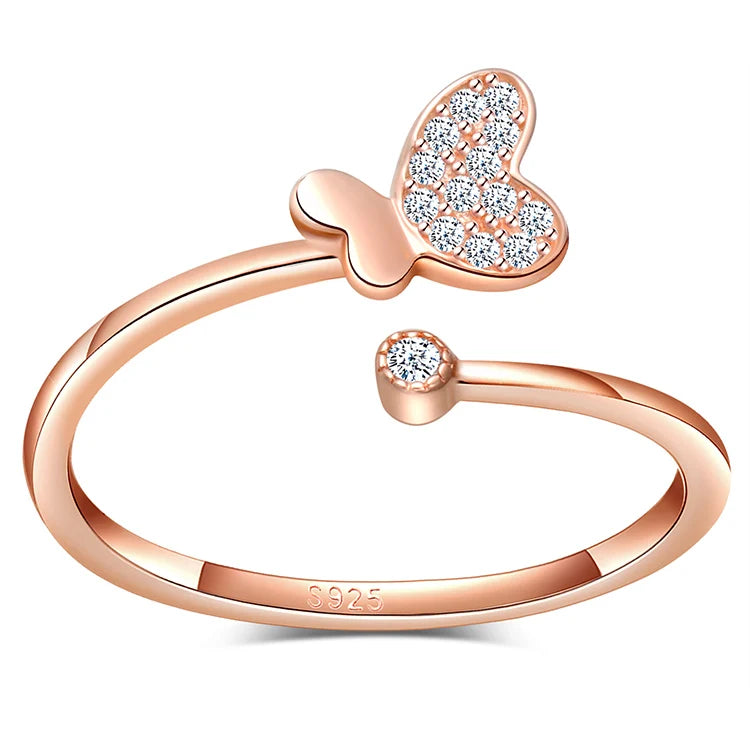 Butterfly Zircon Open Ring Adjustable S925 Sterling Silver Ring Rose Gold for Valentine Day Gift