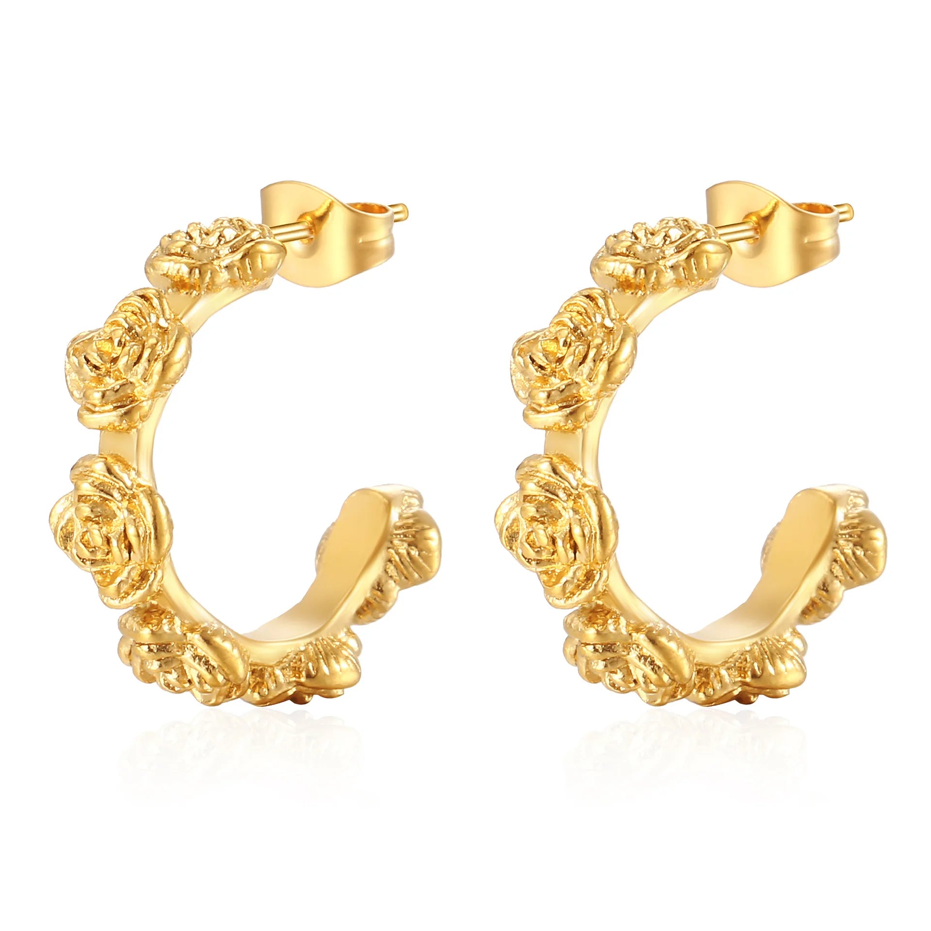 Casted Stainless Steel Stud Rose Earrings for Women Gold Plated Trendy Style for Wedding Anniversary Party or Gift