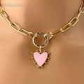 NM44316 Pink Enamel Heart Pendant Carabiner Choker Charm Necklace Paperclip Chain Spring Gate Clasp Necklace