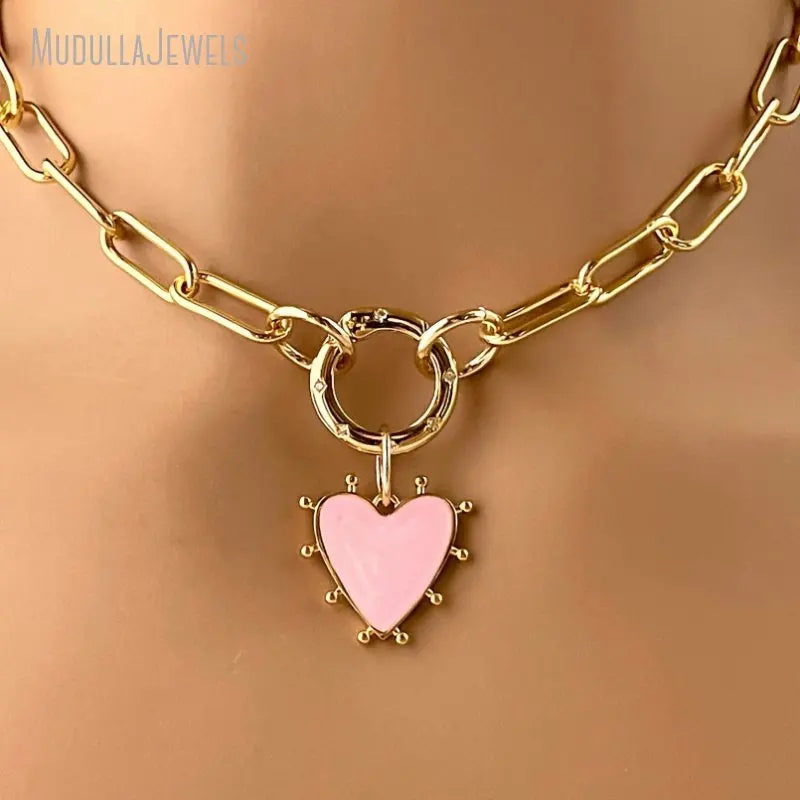 NM44316 Pink Enamel Heart Pendant Carabiner Choker Charm Necklace Paperclip Chain Spring Gate Clasp Necklace
