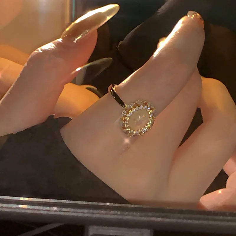 Real Gold Plated Zirconia Diamond Oval Open Ring Korean Luxury Adjustable Pearl Zircon Finger Ring Shiny Open Cz Knuckle Ring