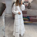 French Simple Retro Style 2024 Summer New V-Neck Long-Sleeved Waist Embroidered Hollow Solid Color Long Dress for Women