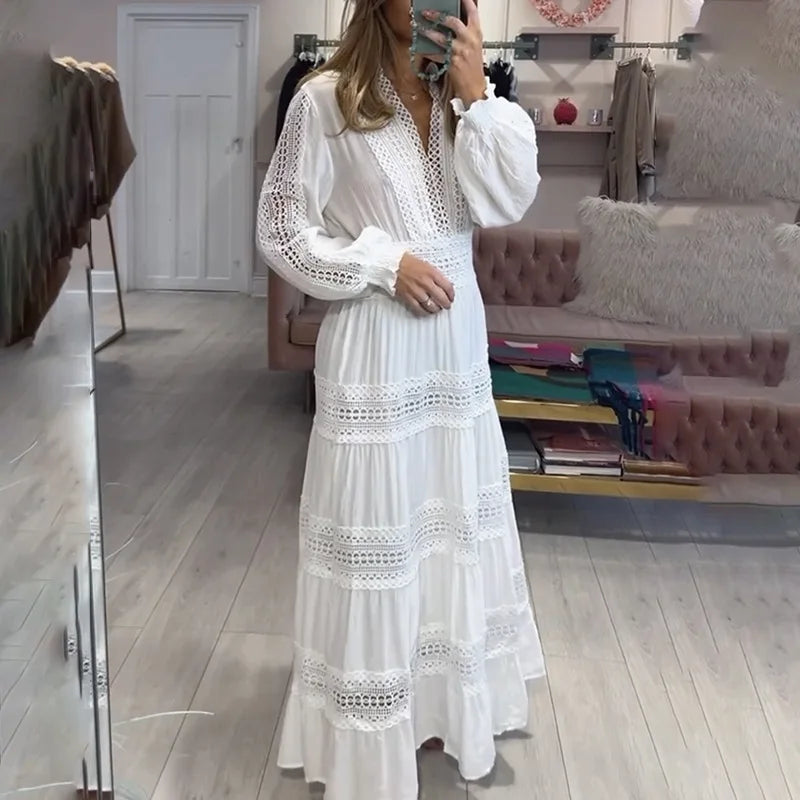 French Simple Retro Style 2024 Summer New V-Neck Long-Sleeved Waist Embroidered Hollow Solid Color Long Dress for Women