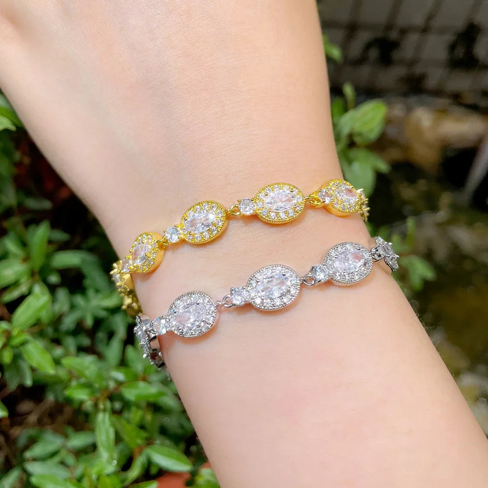 White Gold Plated Exquisite Design Oval Cubic Zirconia Hand Chain Bracelet Women Wedding Bridal Adjustable Bracelet Jewelry Gift
