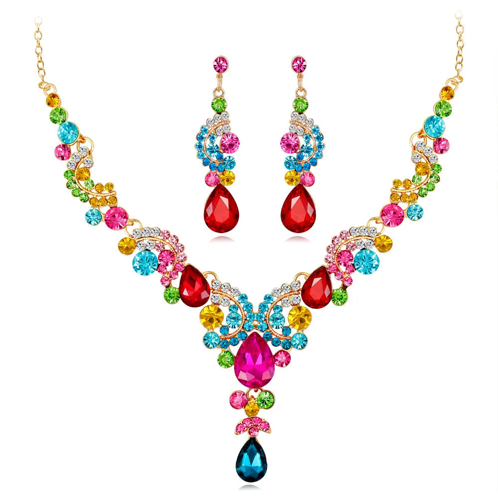 European American High-End Crystal Jewelry Set Hot-Selling Bridal Diamond Necklace and Earrings for Wedding and Party-Gifting
