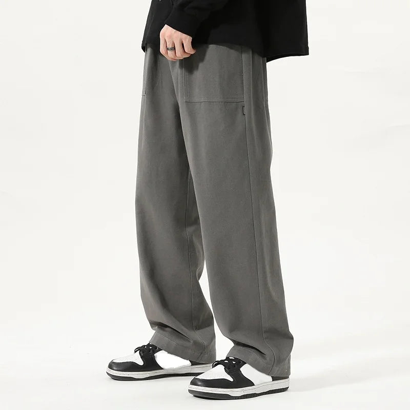 Hong Kong Style Mopping Pants Men's Casual Mid-Waist Trousers Spring and Autumn High Street Loose Straight Wide-Leg Overalls
