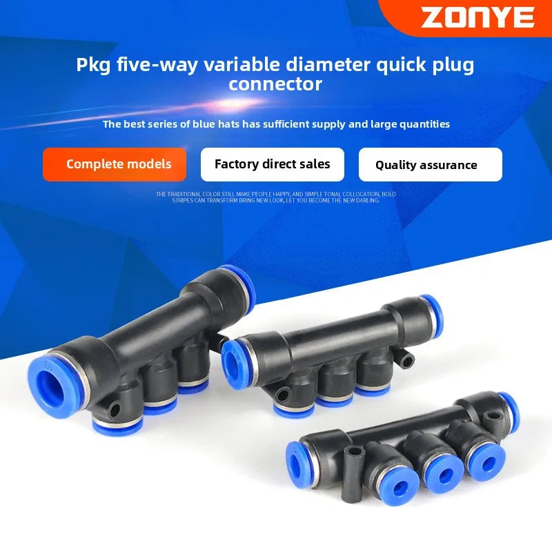 Factory Direct Five-Way Variable Diameter Plastic Trachea Connector Packaged 4/6/8/10 Units Pneumatic Quick Plug Pipe Fittings