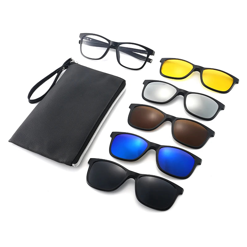 5 in 1Interchangeable Magnetic Mirrored Sunglasses Polarized with a Black Bag