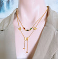 Rectangular Colorful Zircon Diamond Double Layer Necklace Frosted Butterfly Tassel Pendant Stainless Steel Necklace  for Women