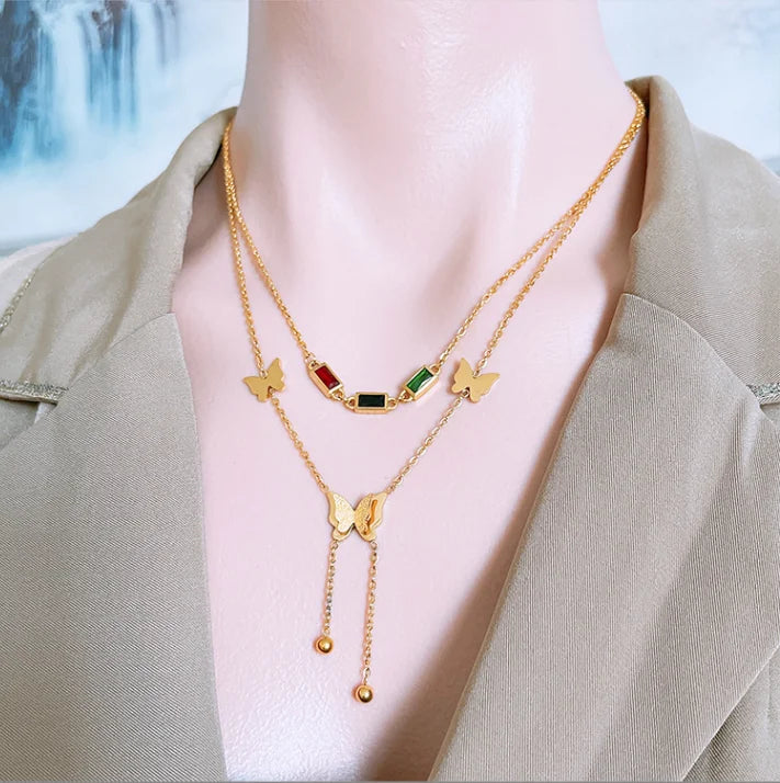 Rectangular Colorful Zircon Diamond Double Layer Necklace Frosted Butterfly Tassel Pendant Stainless Steel Necklace  for Women