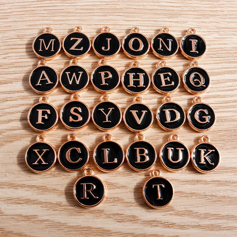 10 Pc/pack Alloy Oil Drop Black Letters Round Pendant DIY Alphabet Charms