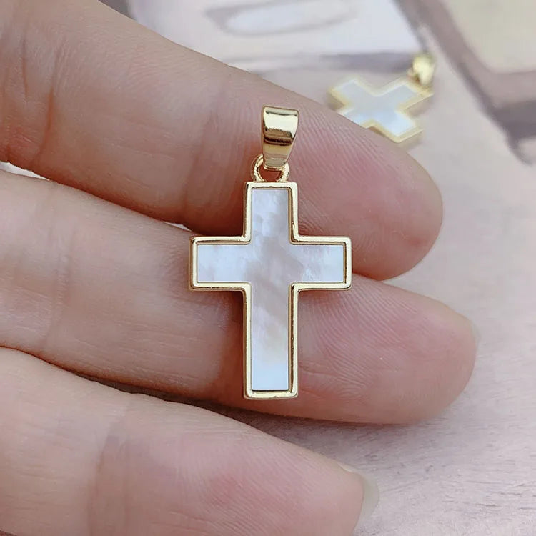 JF7352 18K Gold Plated Mother of Pearl Cross PendantMOP White Shell Religious Charm for DIY Jewelry Making