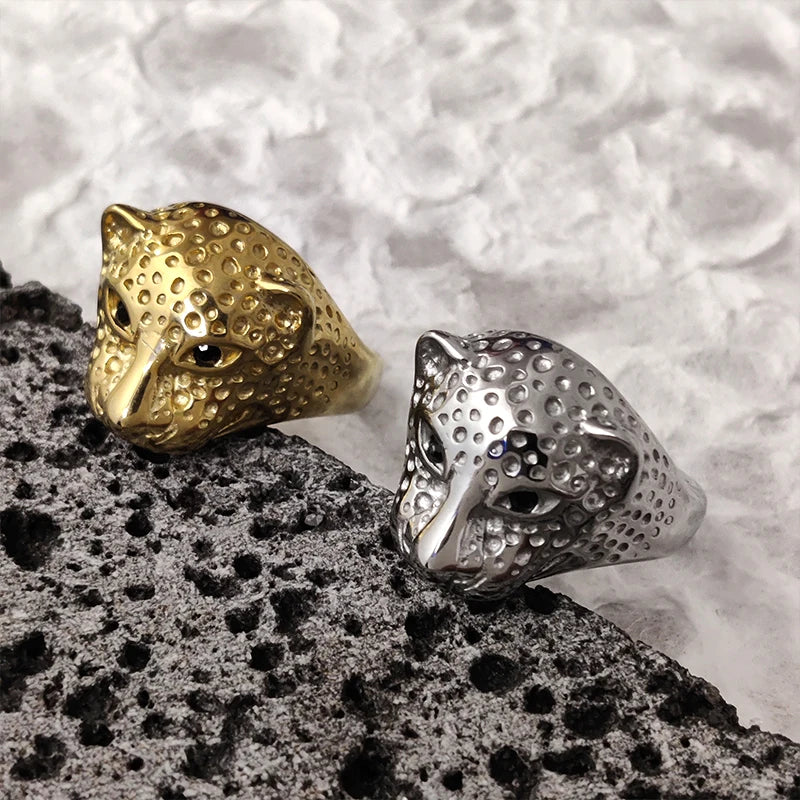 Hot Sale Hip Hop Stainless Steel Ring Jewelry 18K Gold Plated Rings Jewelry Rock Animal Leopard Head Punk Man's Ring MRD012