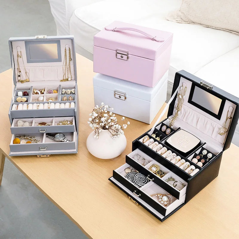 Large Luxury PU Leather Jewelry Box Organizer with Mirror Drawer Ring Earring Necklace Jewellery Storage Case for Girls