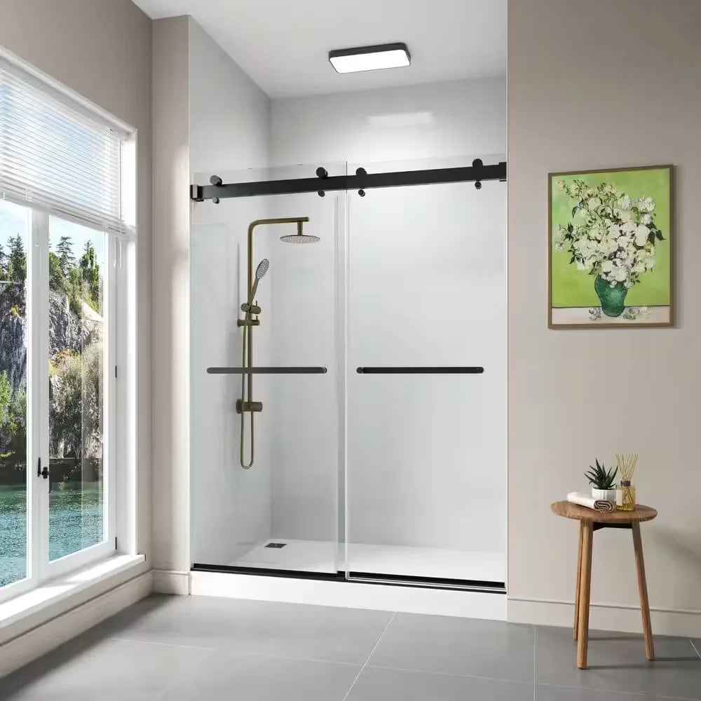 Modern Frameless Shower Glass Doors 60"x74" Tempered With Matted Black Sliding Hardware Square Style For Apartment Use