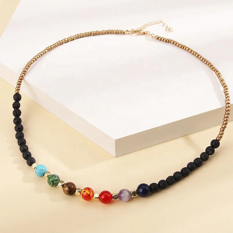 Fashion Simple Collarbone Chain Natural Volcanic Stone tiger Eye Beaded Necklace 7 Chakra Reiki Healing Crystal Beads Necklace