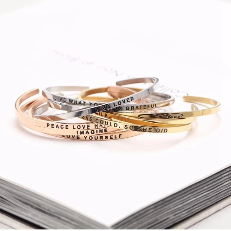 Custom Name Engraved Bar Classic Rose Gold Plated Stainless Steel Personalized Text Slogan Logo Opening Cuff Bracelet Adjustable