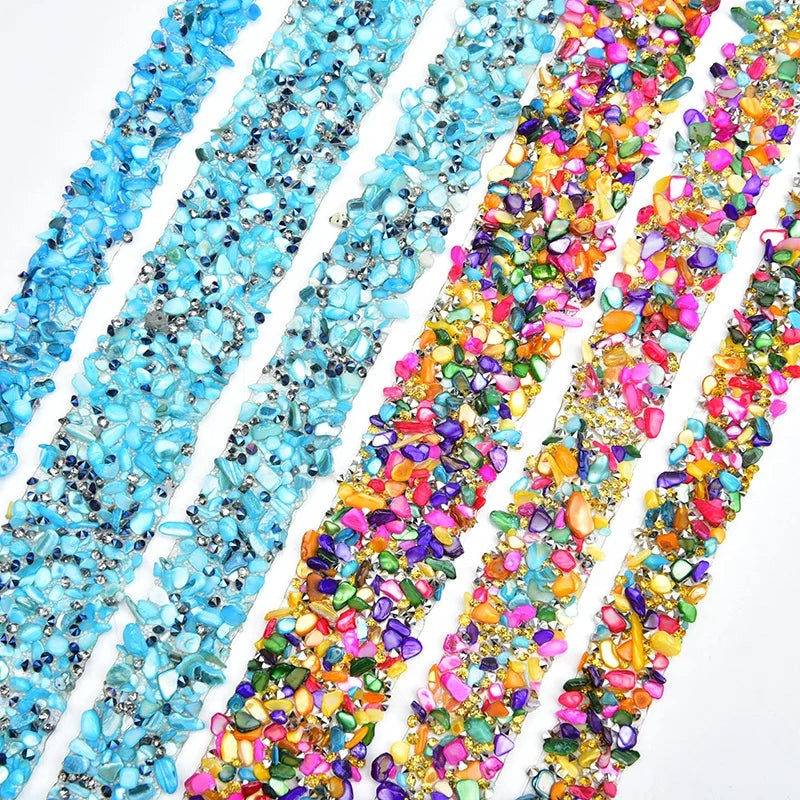 Fashion Colorful Turquoise Gemstone Trim Hot Fix Rhinestone Tape Applique Ribbon for Wedding Cake Clothes Decoration Accessories