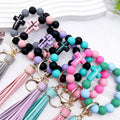 Wholesale Custom Beaded Keychain Luxury Lobster Clasp Silicone Cross Beads Bracelet Wrist Keychain With Tassel