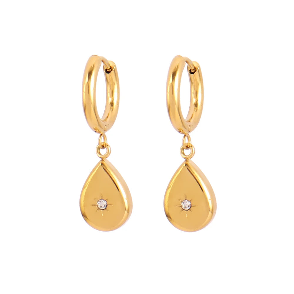 Women's Trendy Stainless Steel 18K Gold Plated Statement Earrings Small Pendant Waterdrop Huggie Hoop Chunky Zircon Gift
